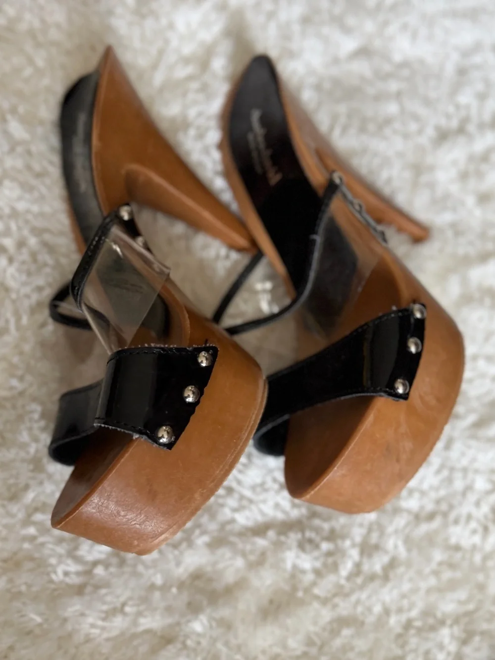 Charles David Brown Platform Heels with Black Patent & Clear Panels